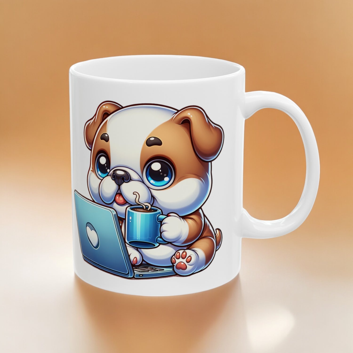 Playful Working Bulldog Ceramic Mug - Colorful Dog Working on Computer Holding Coffee Cup 11oz